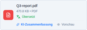 Eine Dokumentkarte im Chat mit den AI-Zusammenfassungs- und Vorschau-Links in der Statusleiste