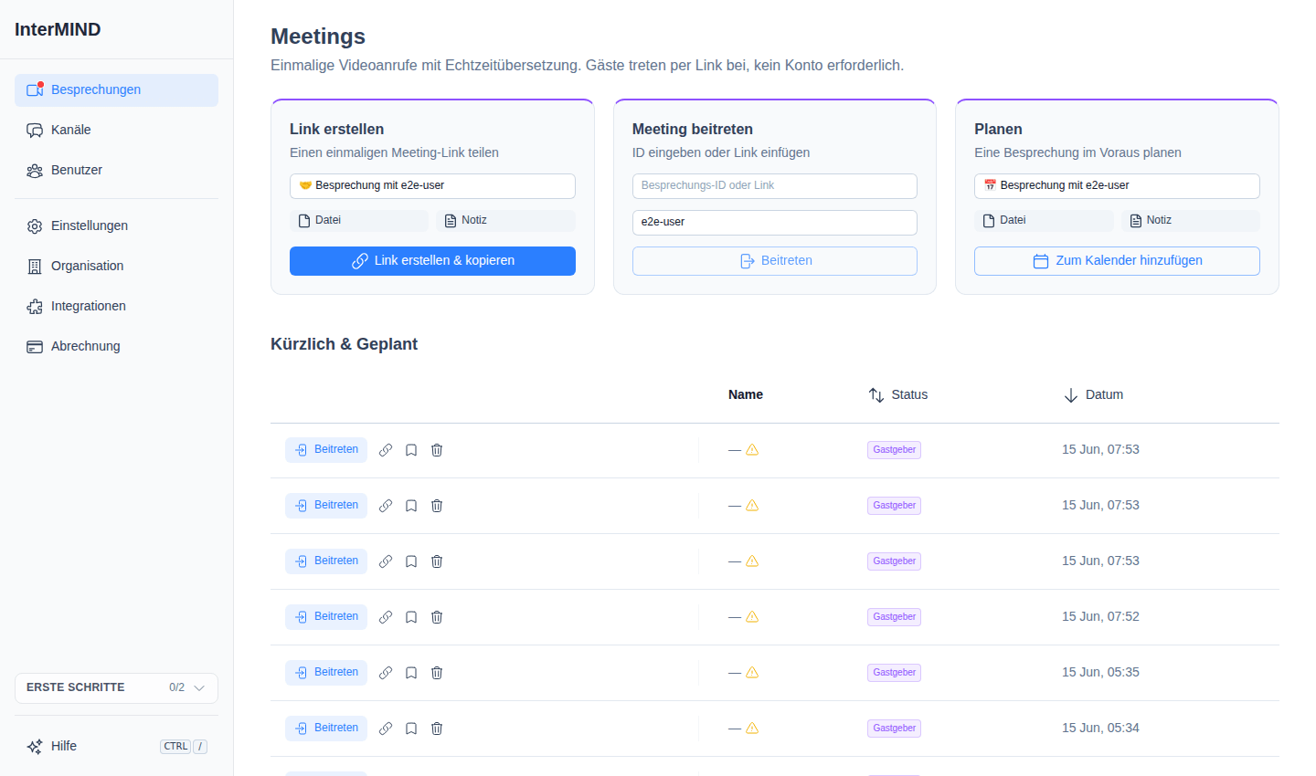 Seite "Meetings"