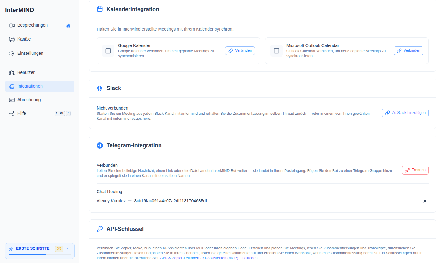 Karte "Kalender-Integration" auf der Seite "Integrationen"