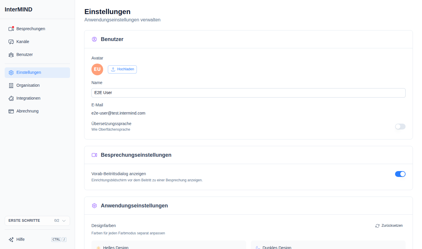 Einstellungsseite mit dem Bereich „Benutzer" oben