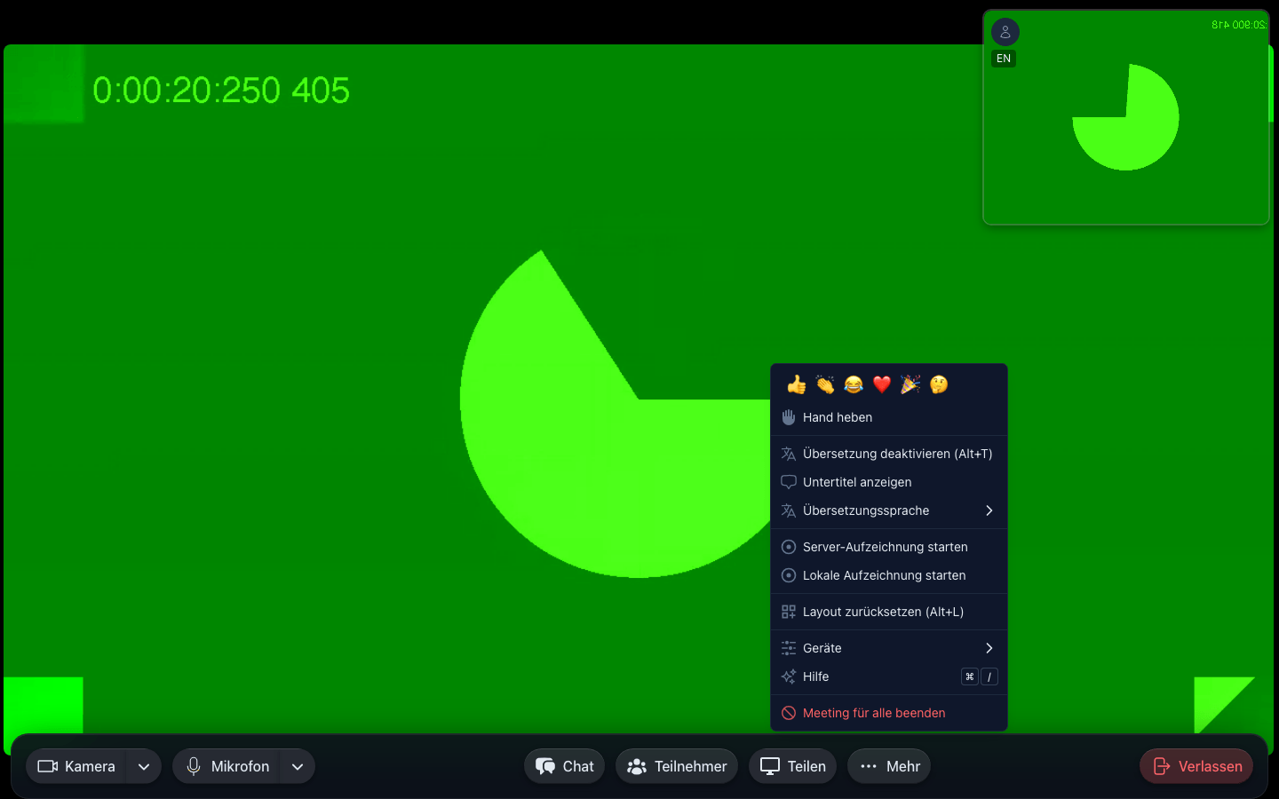 Das Mehr-Menü eines Meetings mit aktivierter Übersetzung: Übersetzung deaktivieren und Untertitel anzeigen