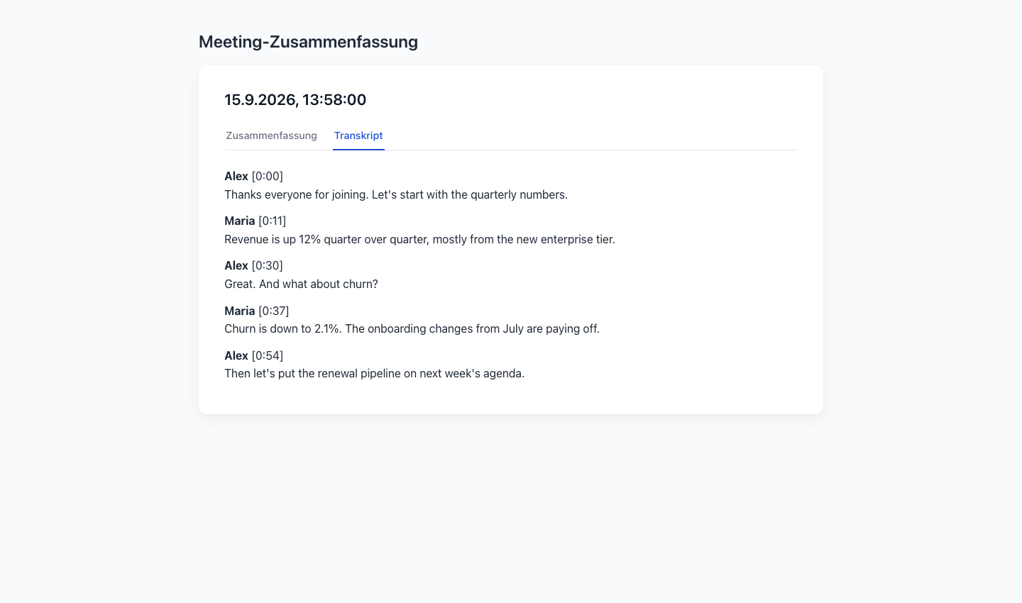 Der Transcript-Tab eines Meeting-Recaps, mit Sprecherzuordnung und Zeitstempel für jeden Beitrag