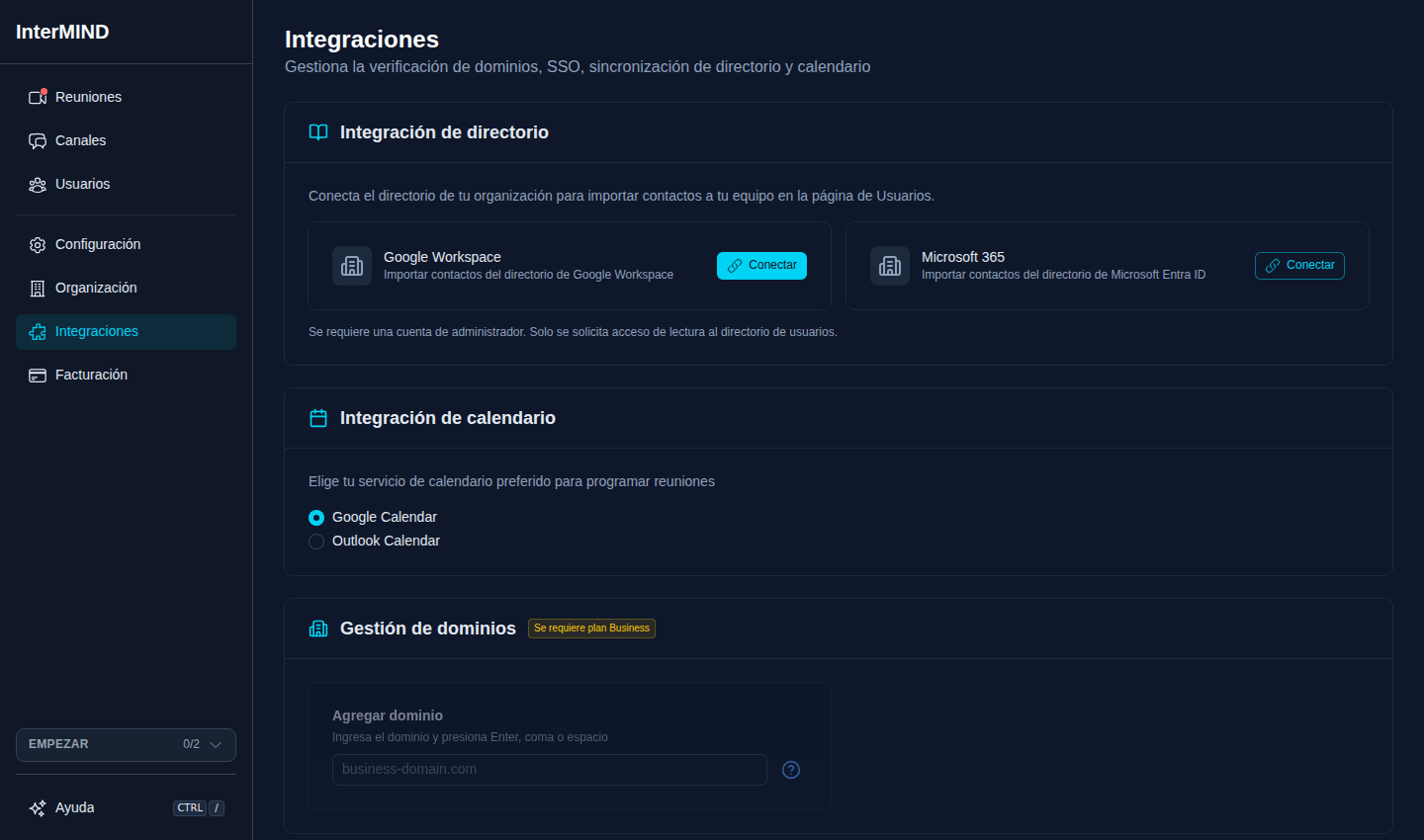 Página de integraciones