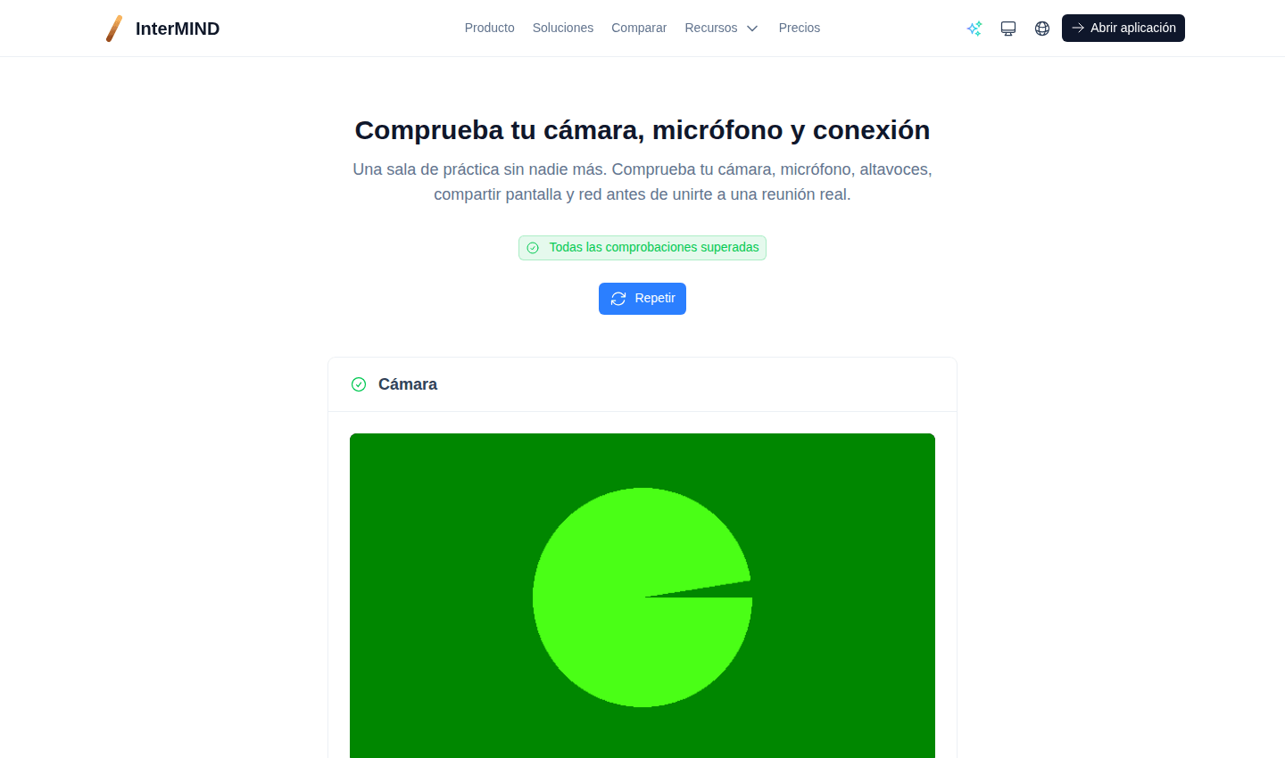 La sala de prueba: vista previa de cámara, nivel de micrófono, altavoces, compartir pantalla y comprobaciones de red en una sola página