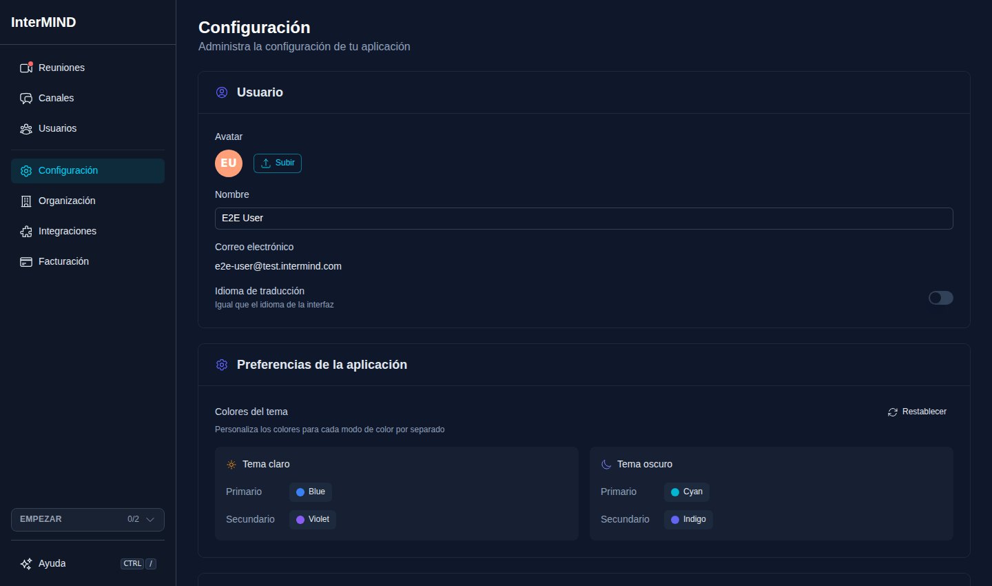 Página de configuración con la sección Usuario en la parte superior