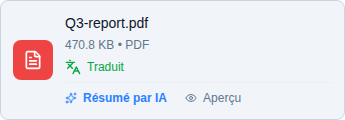 Une carte de document dans la conversation avec les liens Résumé IA et Aperçu dans sa bande d'état