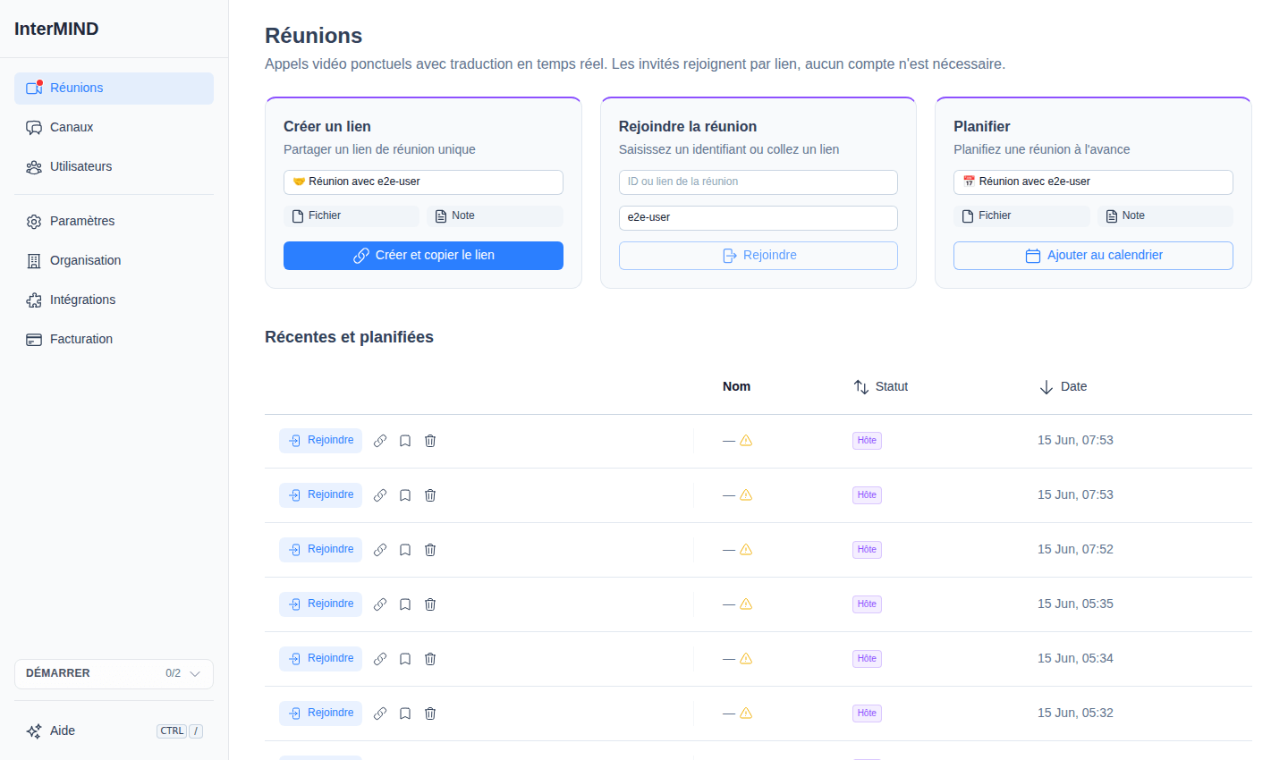 Page des réunions