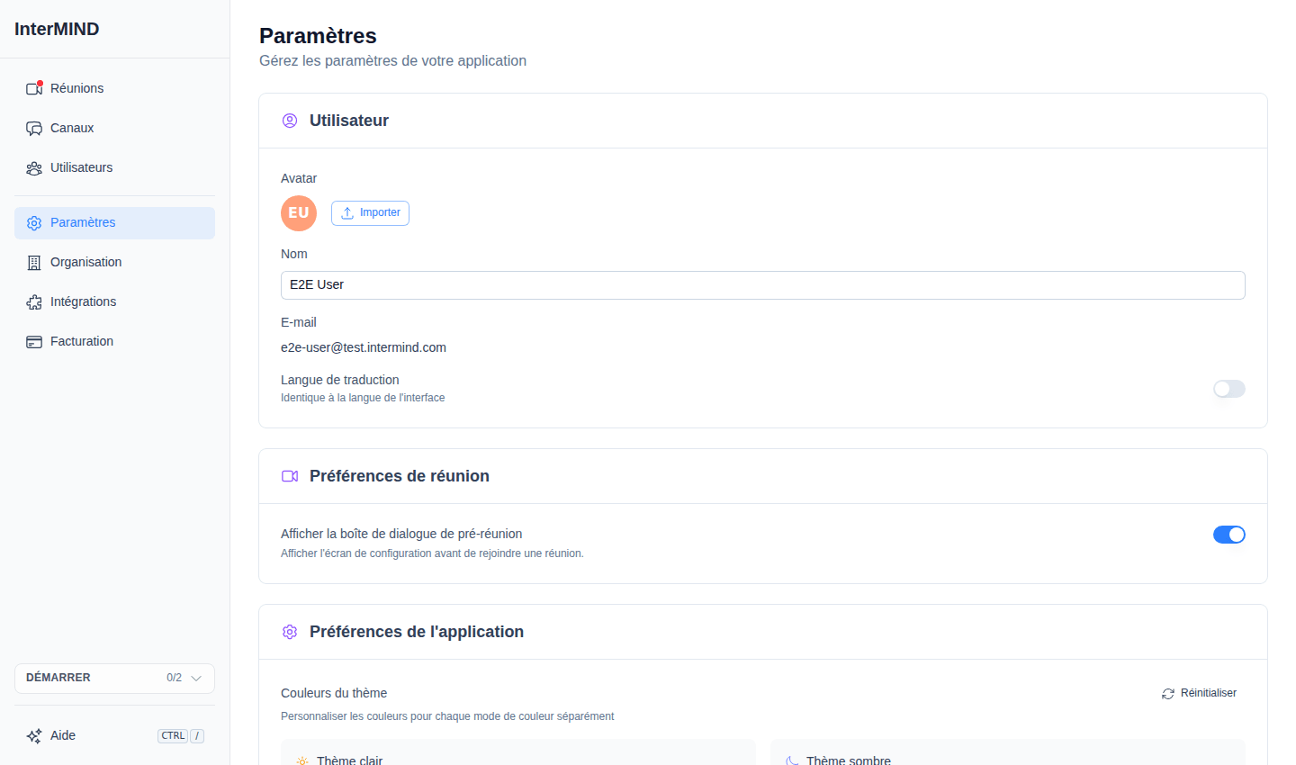 Page des paramètres avec la section Utilisateur en haut