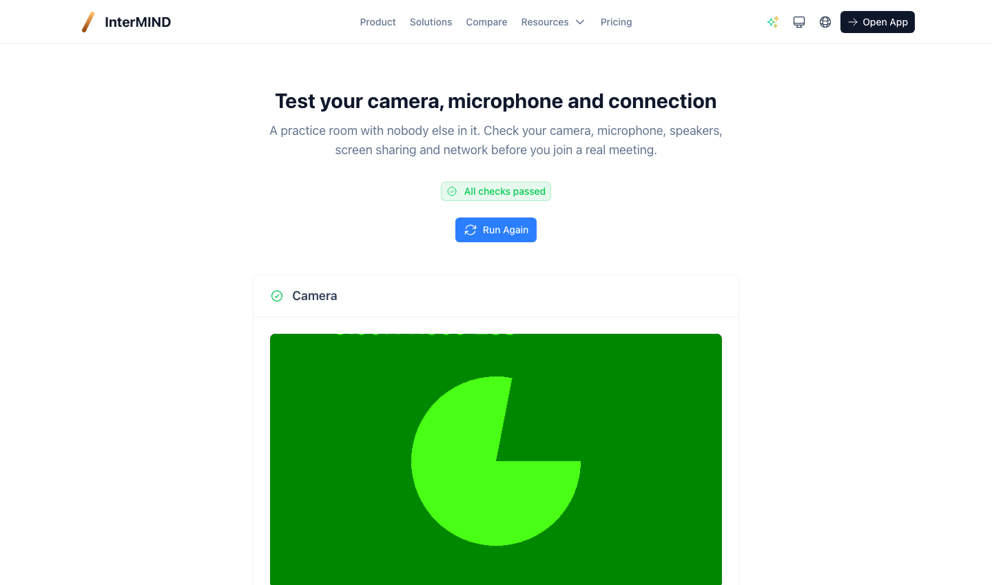 The test room: camera preview, microphone level, speakers, screen sharing and network checks on one page