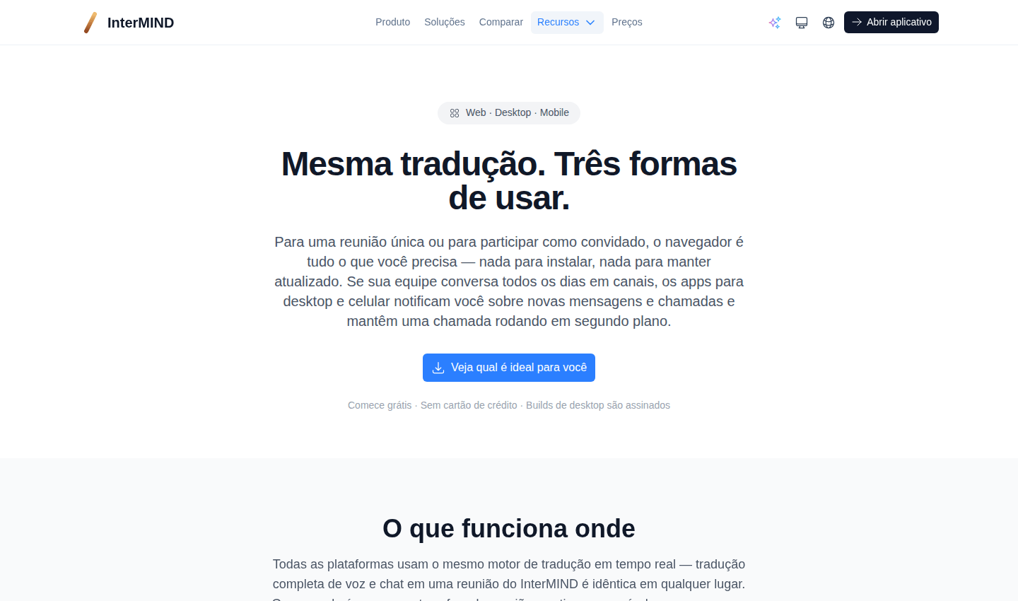 Página de downloads — os aplicativos para desktop, celular e o navegador