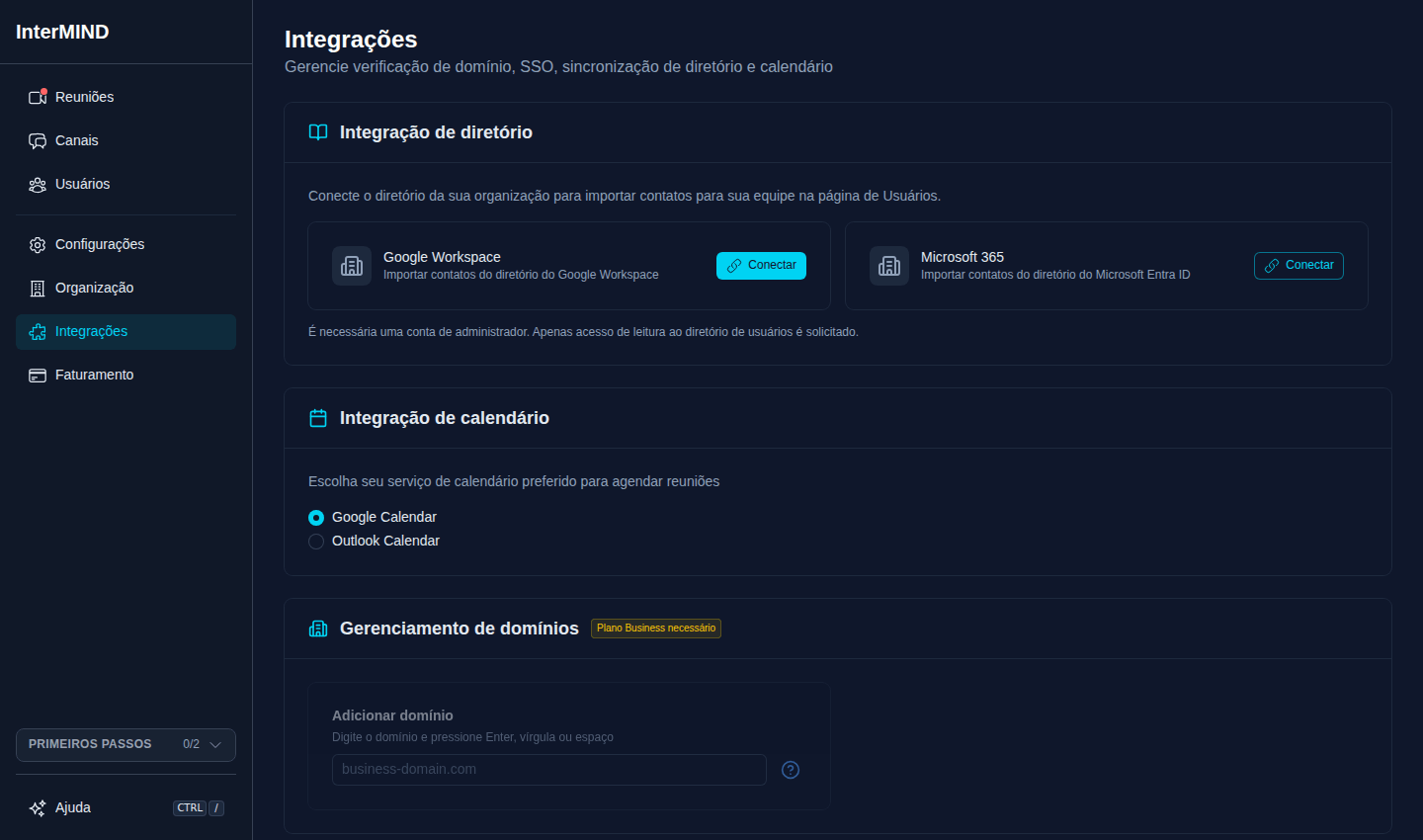 Página de integrações