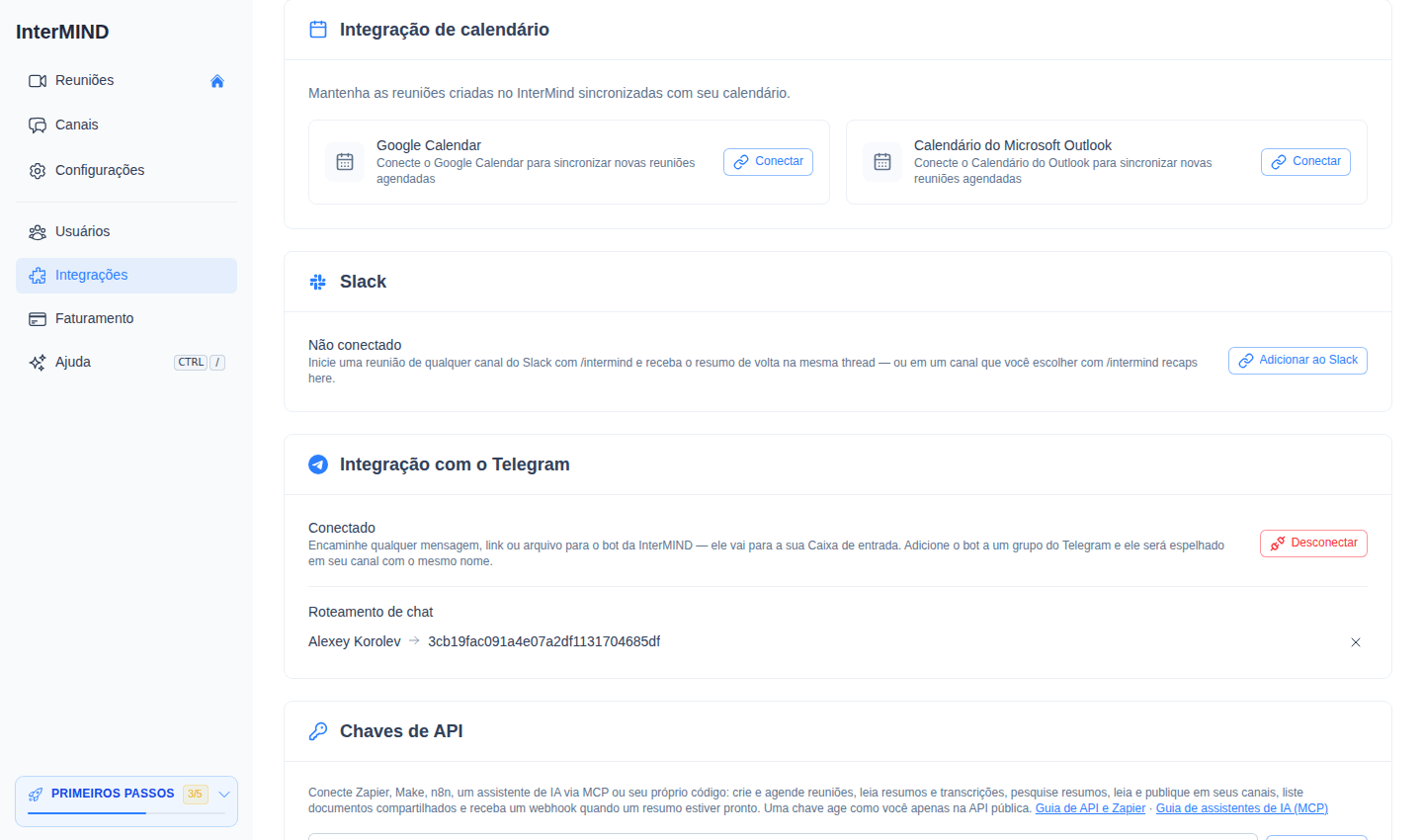 Card Calendar Integration na página Integrations