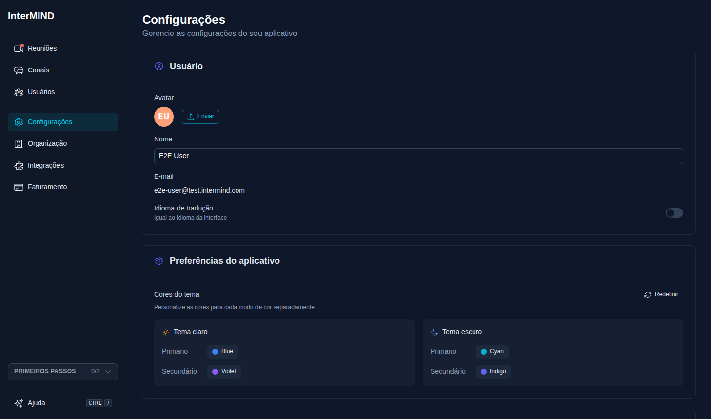 Página de configurações com a seção Usuário no topo
