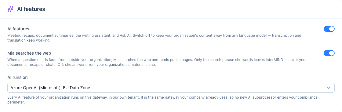 AI features card on the Integrations page