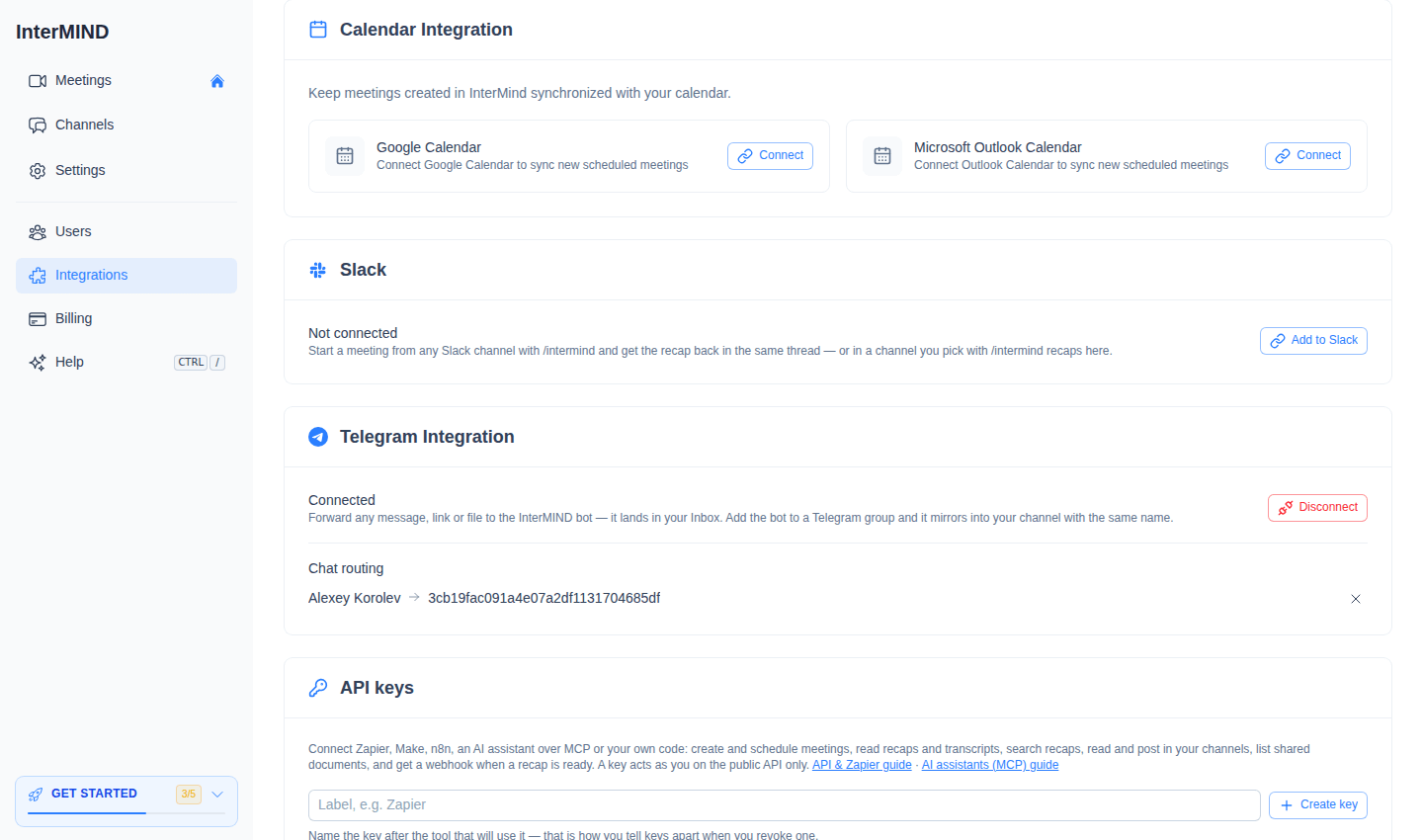 Calendar Integration card on the Integrations page