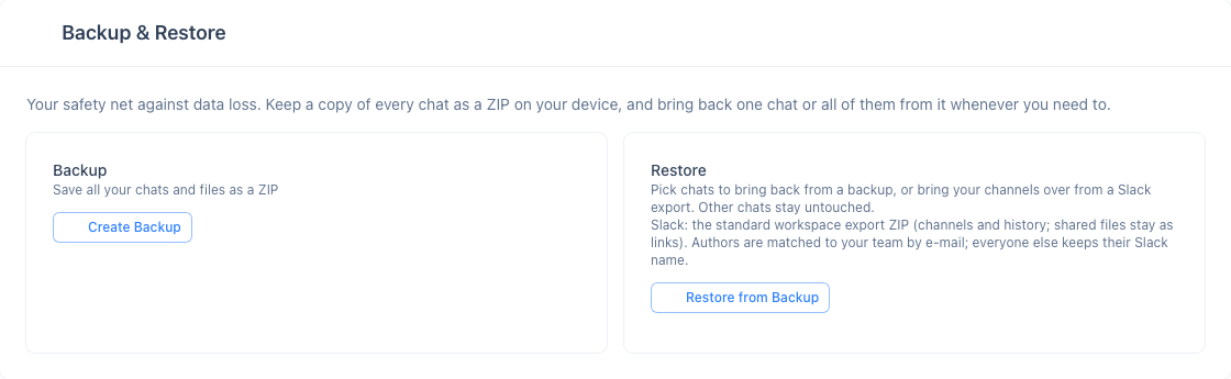 Backup & Restore card on the Settings page