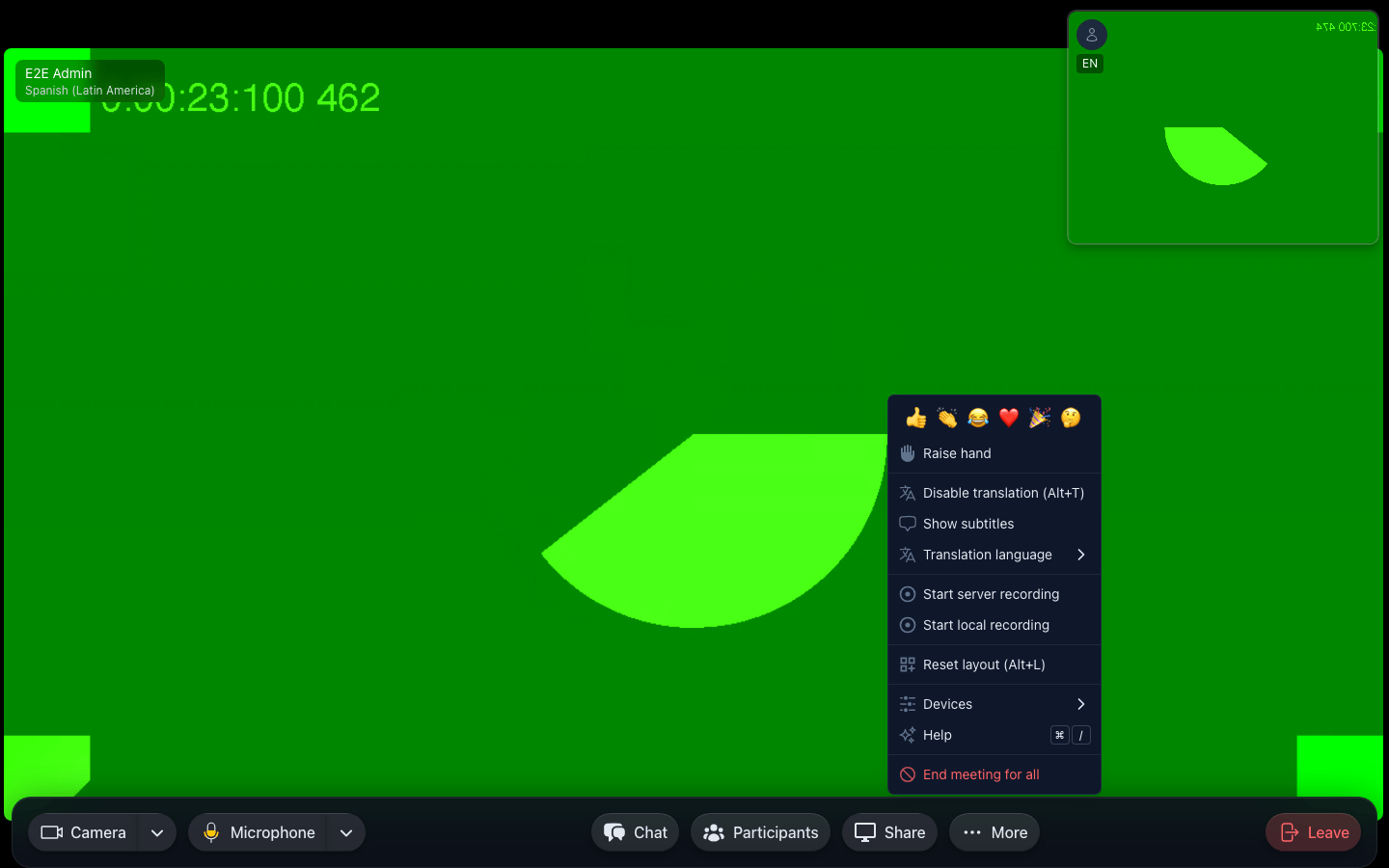 翻訳が有効なミーティングの More メニュー：Disable translation と Show subtitles