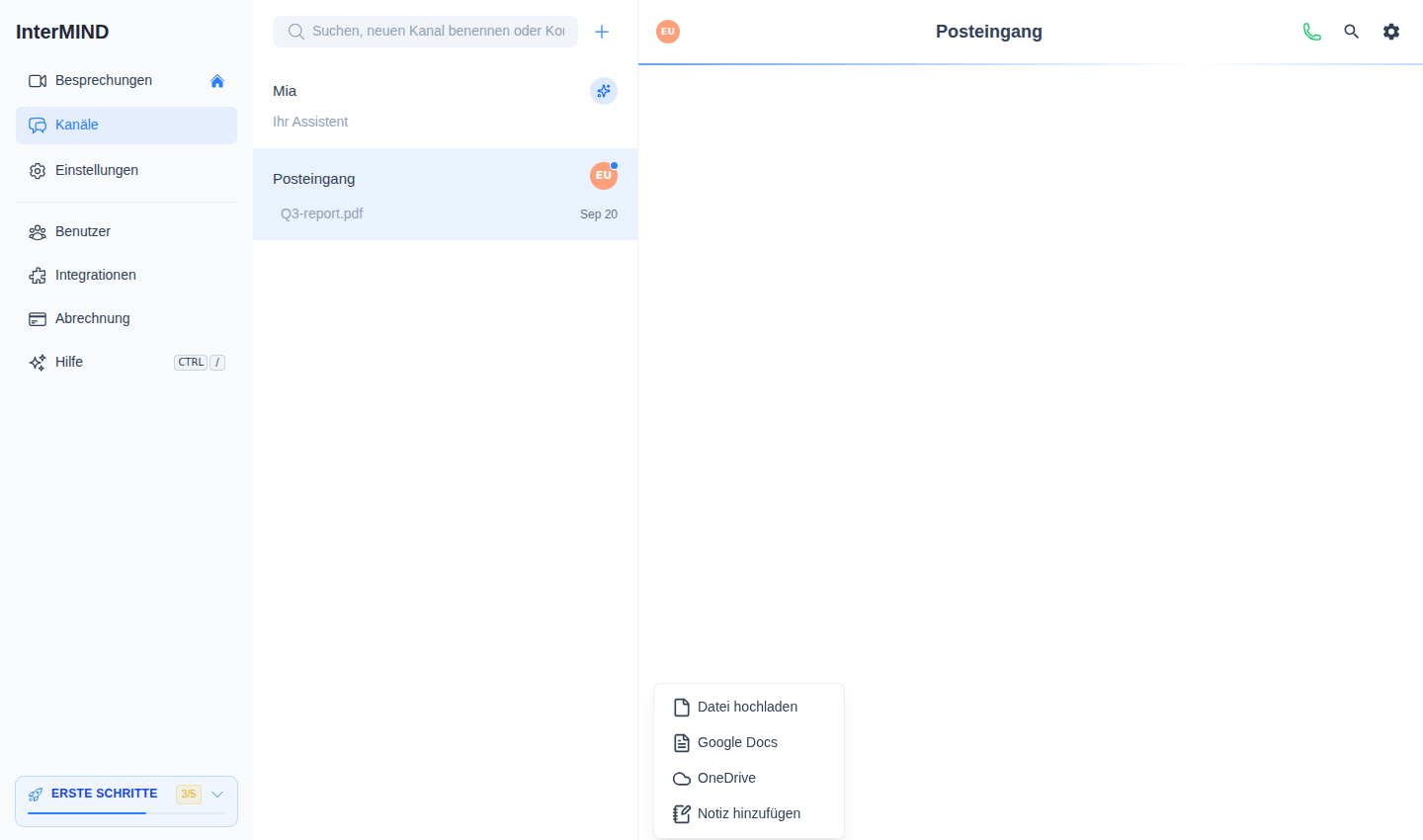 Das + Menü neben der Chat-Eingabe: Upload File, Google Docs, OneDrive und Add Note