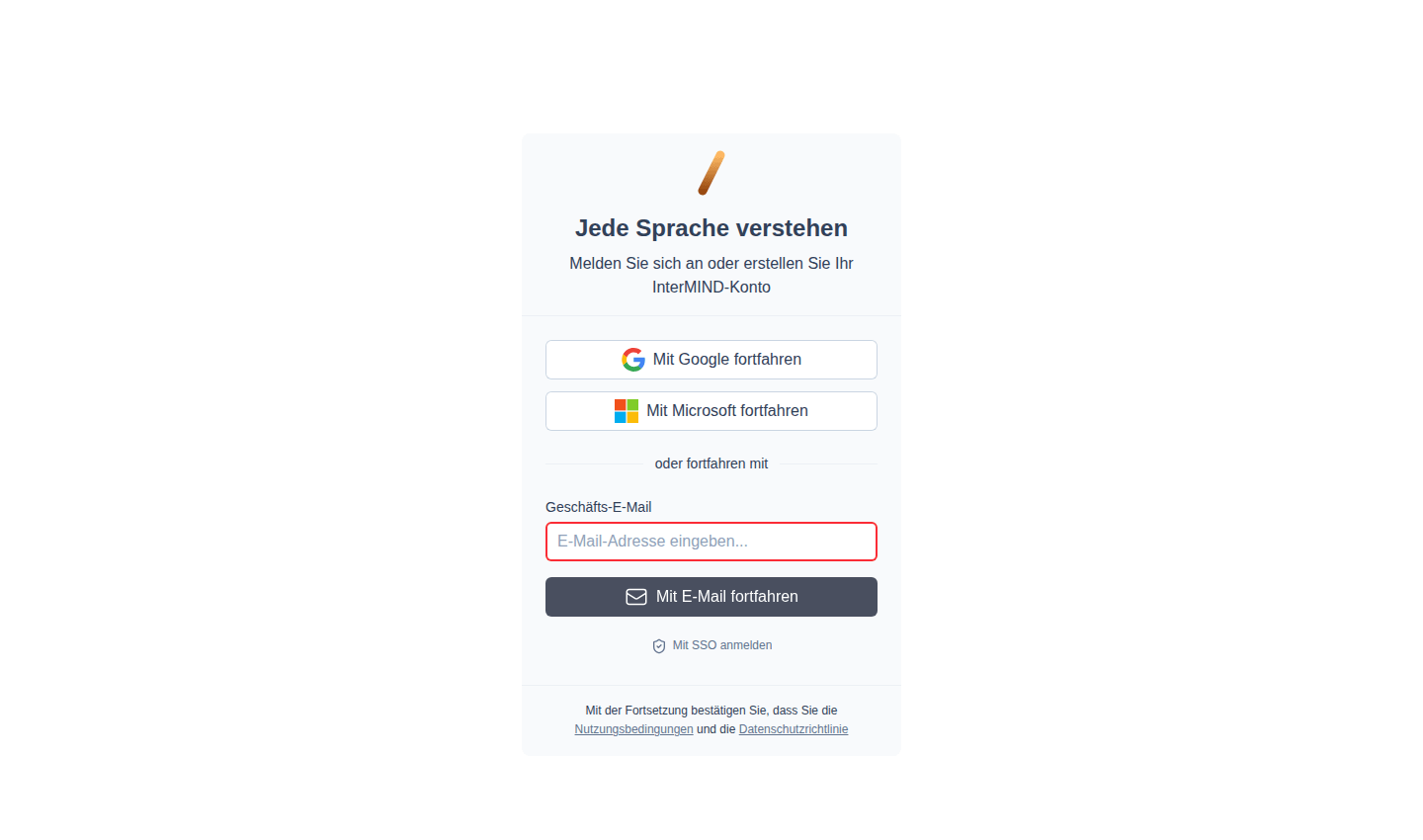 Login-Seite — Google, Microsoft oder ein einmaliger E-Mail-Code