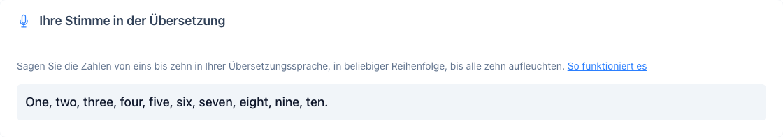 Die Karte „Ihre Stimme in der Übersetzung“ in den Einstellungen: die Zahlen eins bis zehn und die Schaltfläche „Meine Stimme aufnehmen“