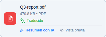 Una tarjeta PDF en el chat marcada como Traducido, con los enlaces de resumen de IA y Vista previa debajo