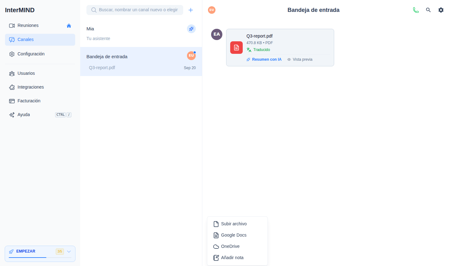 El menú + junto a la entrada del chat: Subir archivo, Google Docs, OneDrive y Añadir nota