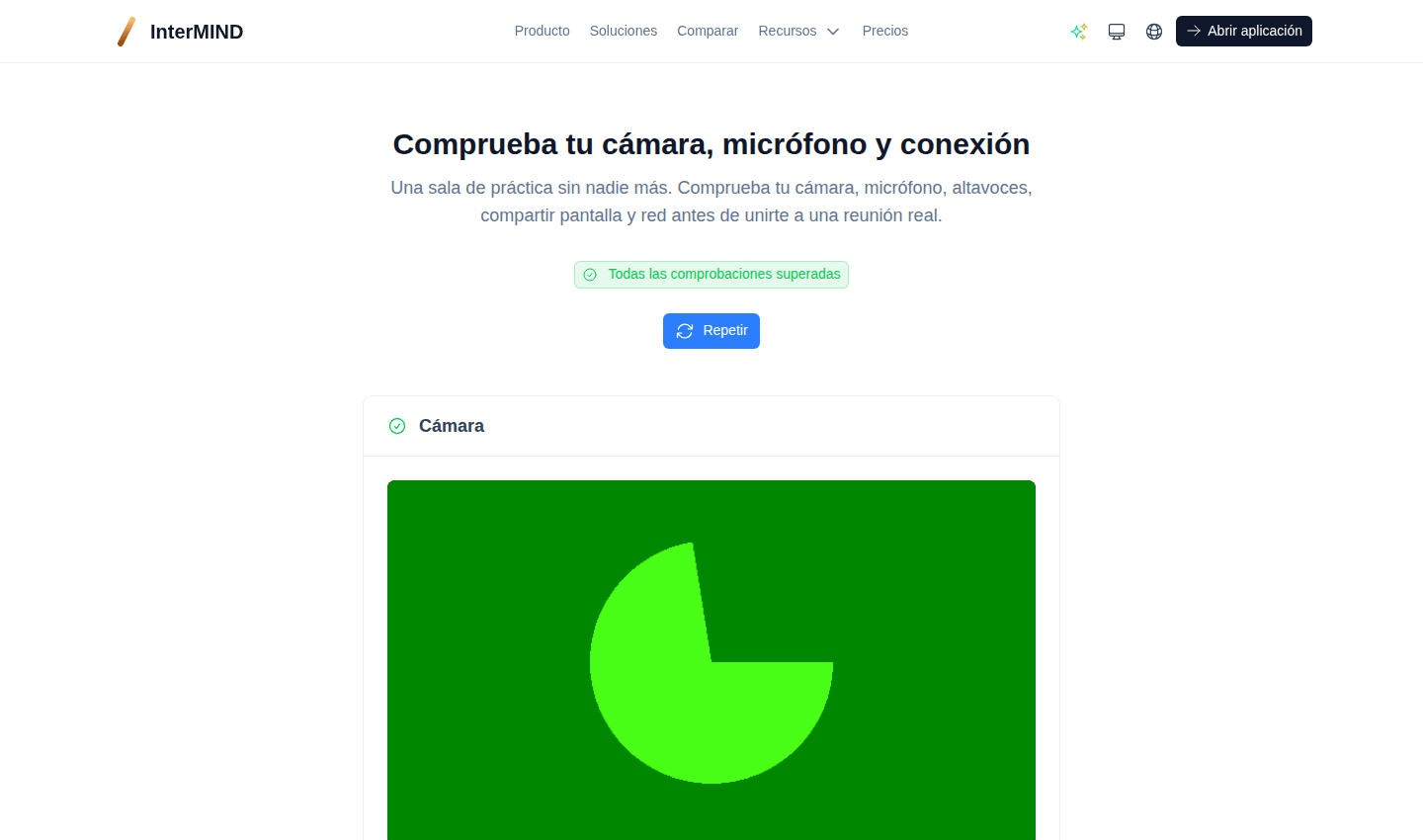 Prueba de navegador WebRTC — todas las comprobaciones superadas