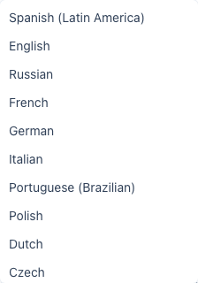 El submenú Idioma de traducción del menú de cuenta, que enumera los idiomas para elegir