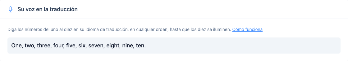 La tarjeta Your voice in translation en Ajustes: los números del uno al diez y el botón Grabar mi voz