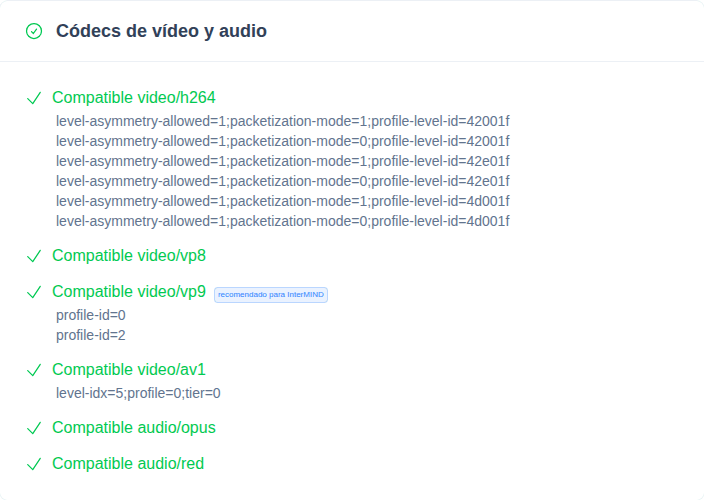 Tarjeta de soporte de códecs de la Prueba de Navegador WebRTC