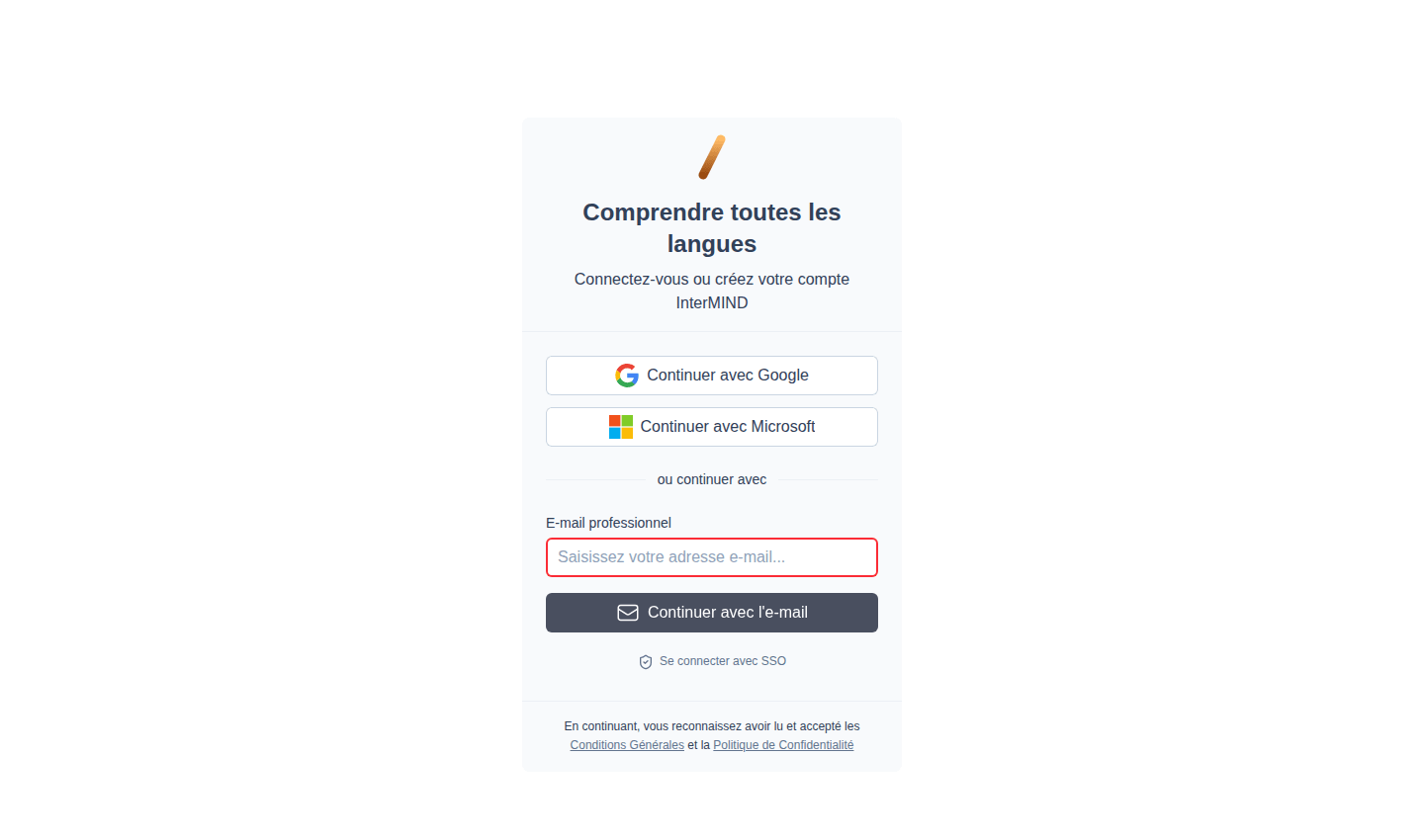 Page de connexion — Google, Microsoft ou un code e-mail à usage unique