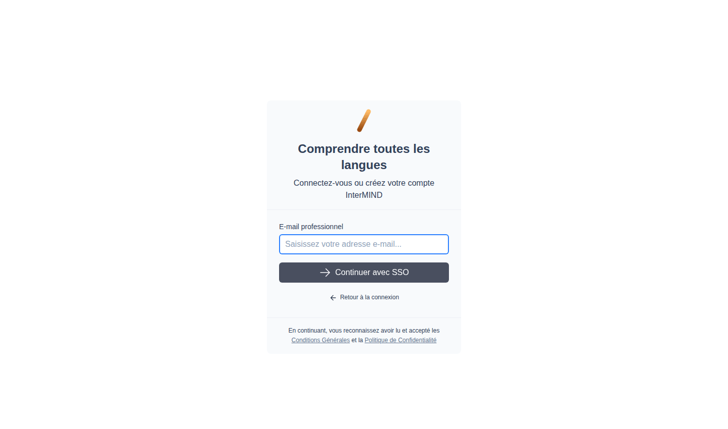 Connexion avec SSO — étape de l'e-mail professionnel