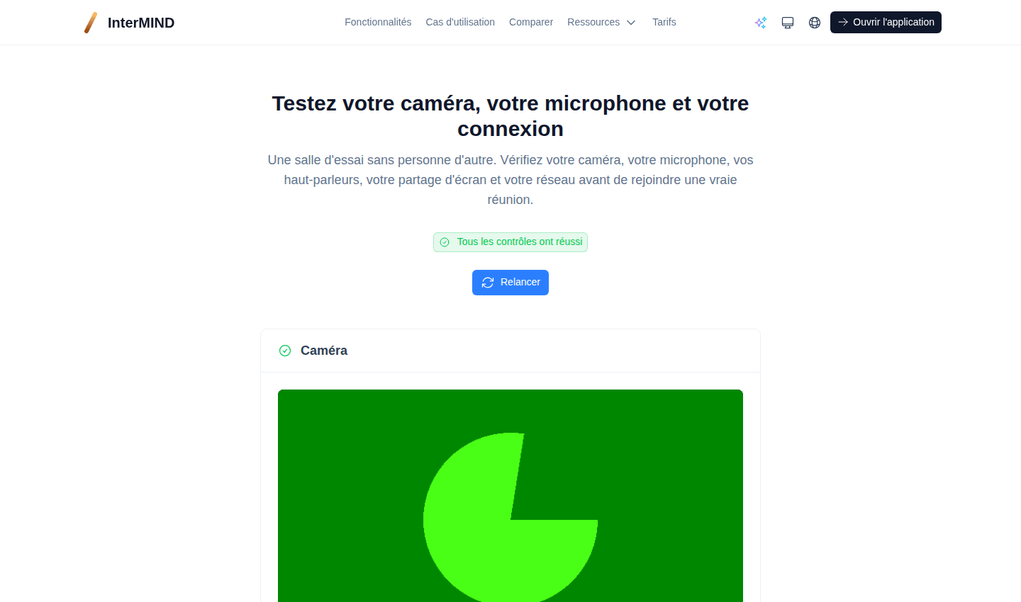 La salle de test : aperçu de la caméra, niveau du microphone, haut-parleurs, partage d'écran et vérifications du réseau sur une seule page