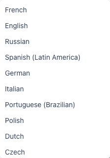 Le sous-menu Langue de traduction du menu du compte, listant les langues parmi lesquelles choisir