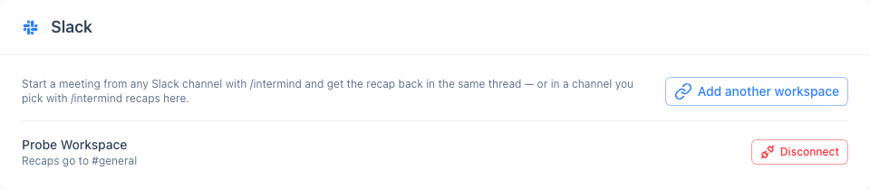 Slack card in Settings