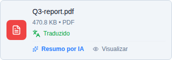 Um card de documento no chat com os links de resumo com IA e Pré-visualização em sua faixa de status