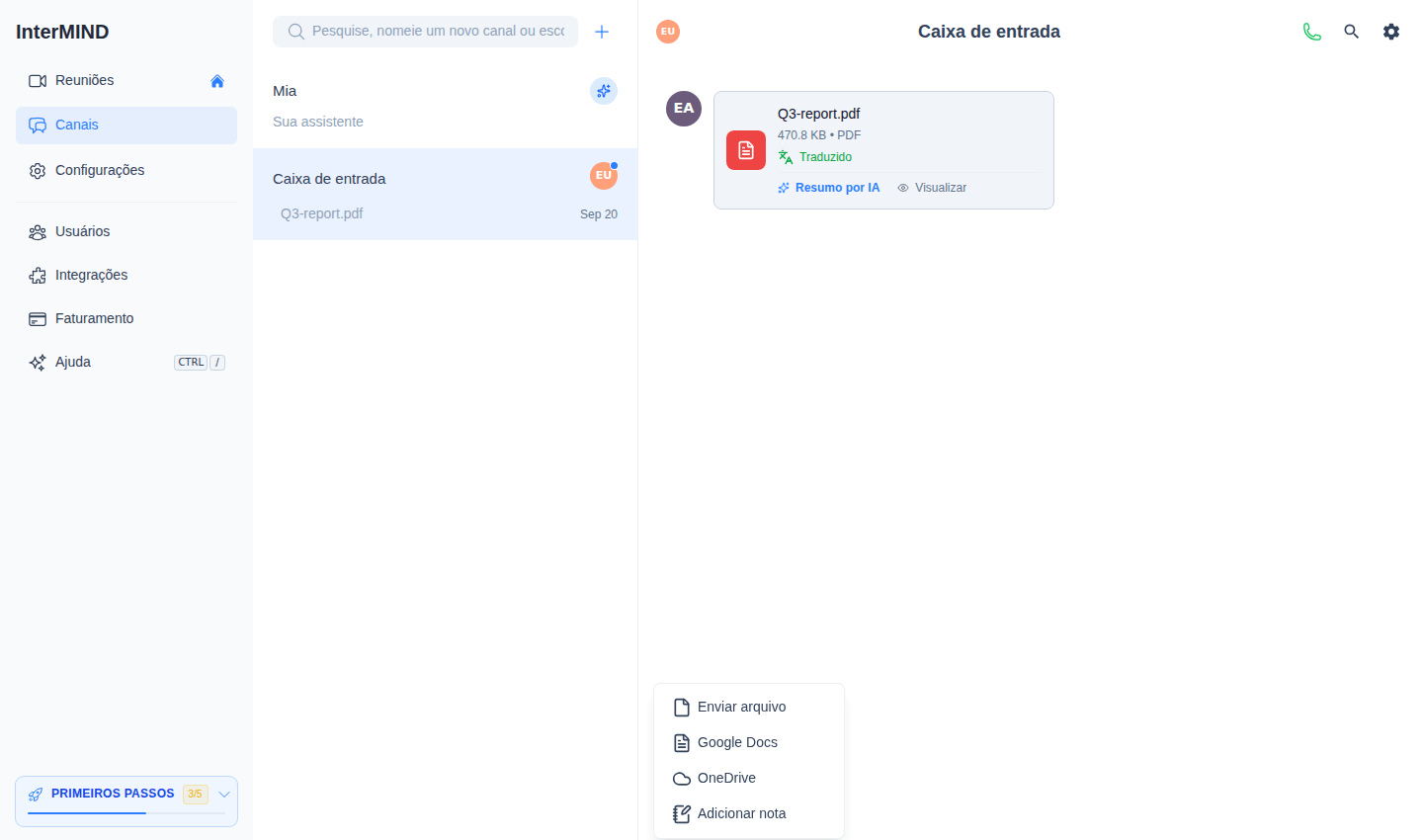 O menu + ao lado da entrada de chat: Enviar arquivo, Google Docs, OneDrive e Adicionar nota