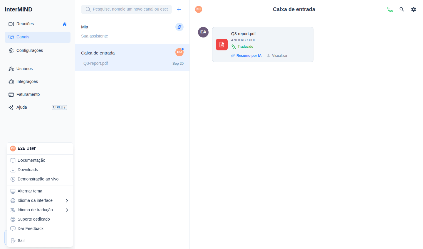 O menu da conta na parte inferior da barra lateral, com Idioma de Tradução ao lado de Idioma da Interface