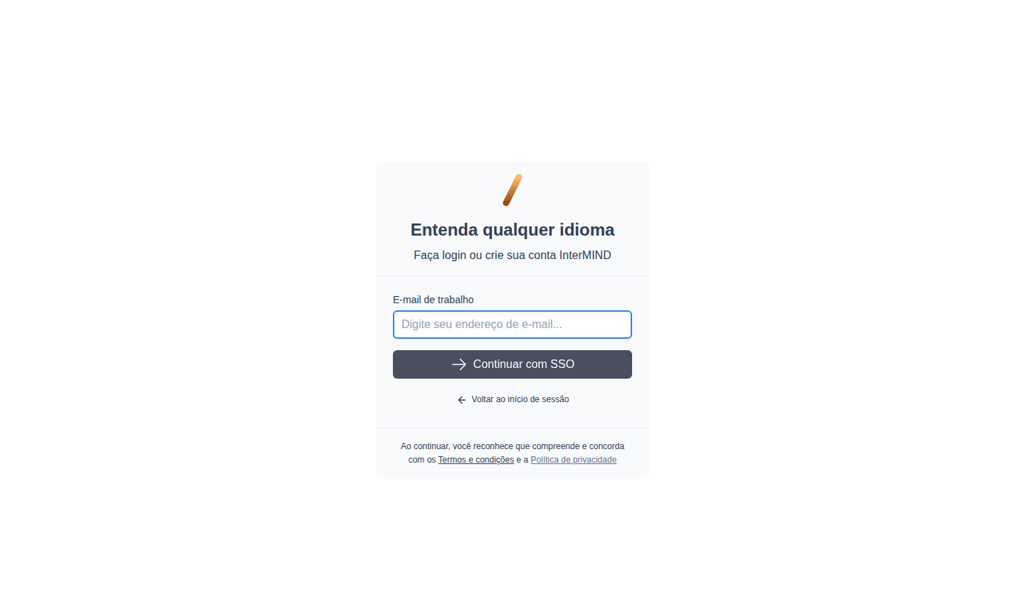 Entrar com SSO — etapa de e-mail corporativo
