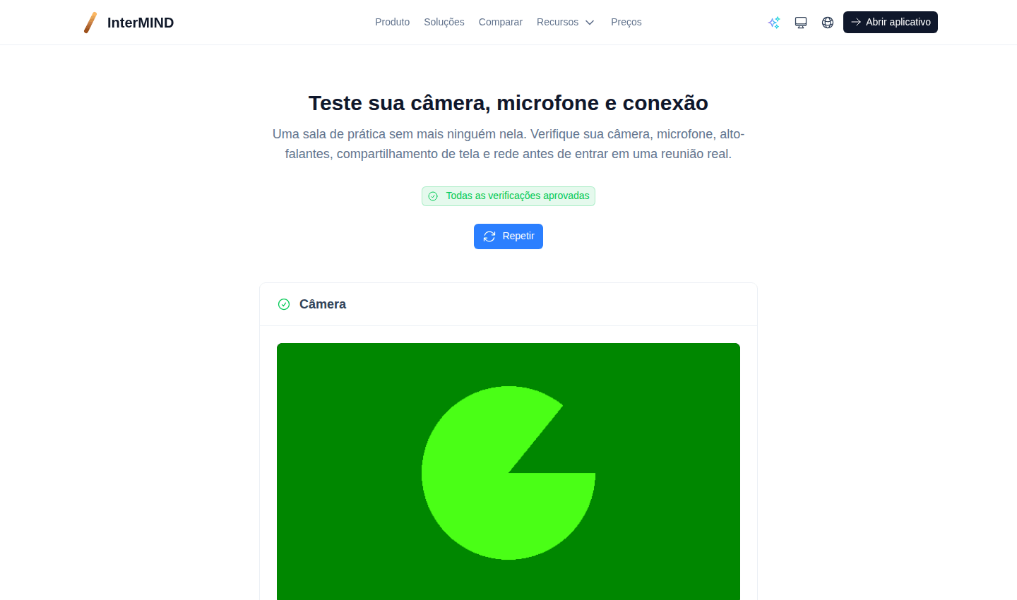 A sala de teste: pré-visualização da câmera, nível do microfone, alto-falantes, compartilhamento de tela e verificações de rede em uma página