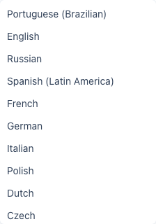 O submenu Idioma de tradução do menu da conta, listando os idiomas disponíveis para escolha