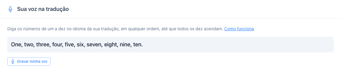 O cartão Sua voz na tradução em Configurações: os números de um a dez e o botão Gravar minha voz