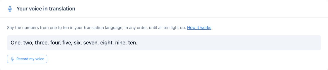 The Your voice in translation card in Settings: the numbers one to ten and the Record my voice button