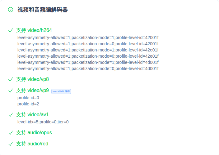 WebRTC 浏览器测试的编解码器支持卡片
